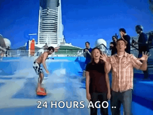 A Man And A Woman Are Standing In Front Of A Pool With The Words 24 Hours Ago Written On It GIF