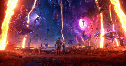 A Man And A Woman Are Standing In Front Of A Purple And Orange Fire GIF