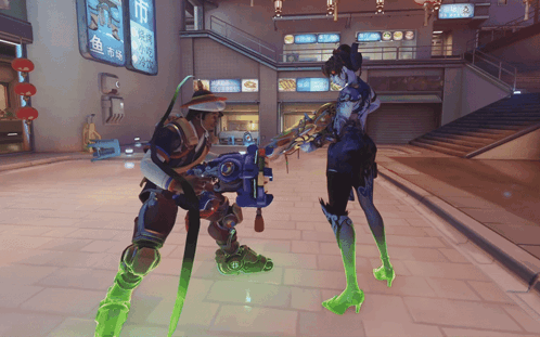 A Man And A Woman Are Standing In Front Of A Sign That Says ' Chinese Food ' On It GIF