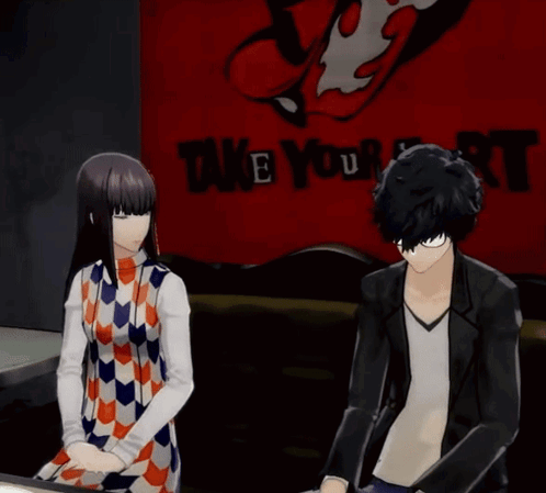 A Man And A Woman Are Standing In Front Of A Sign That Says " Take Your Heart " GIF