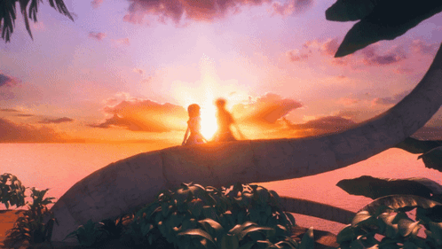 A Man And A Woman Are Standing In Front Of A Sunset GIF