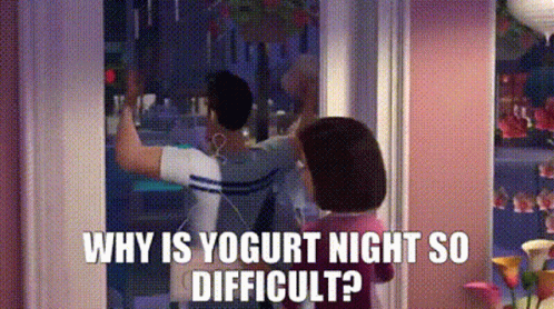 A Man And A Woman Are Standing In Front Of A Window . The Woman Is Asking The Man Why Is Yogurt Night So Difficult GIF