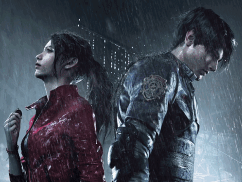 A Man And A Woman Are Standing In The Rain And The Man Has A Patch On His Jacket That Says S.t.p.d GIF
