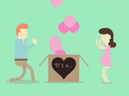 A Man And A Woman Are Standing Next To A Box That Says It 'S A Boy GIF