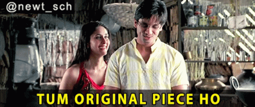 A Man And A Woman Are Standing Next To Each Other And The Caption Says Tum Original Piece Ho GIF