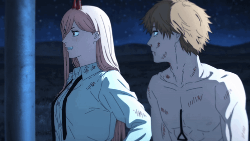 A Man And A Woman Are Standing Next To Each Other And The Man Has A Scar On His Chest GIF