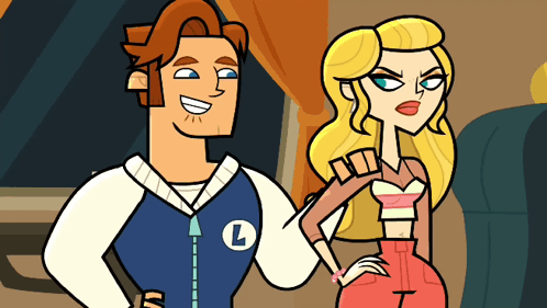 A Man And A Woman Are Standing Next To Each Other And The Man Has The Letter L On His Shirt GIF