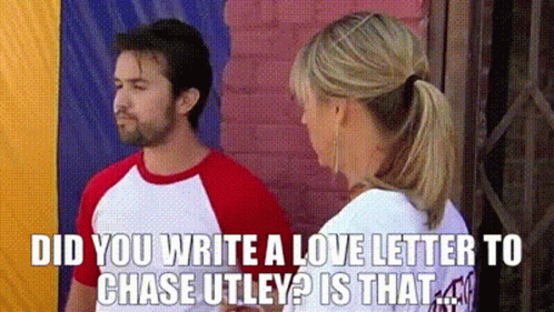 A Man And A Woman Are Standing Next To Each Other And The Man Is Asking The Woman If She Wrote A Love Letter GIF