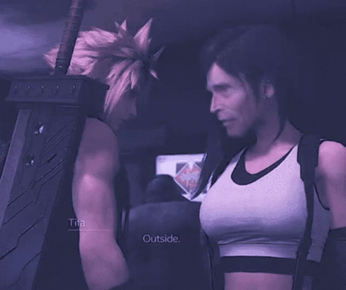 A Man And A Woman Are Standing Next To Each Other And The Man Is Holding A Large Sword GIF