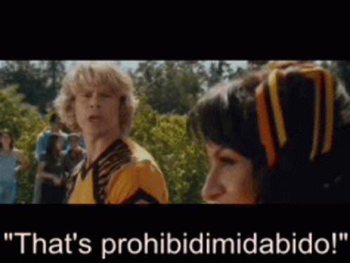 A Man And A Woman Are Standing Next To Each Other And The Man Is Saying " That 'S Prohibitimidabido " GIF