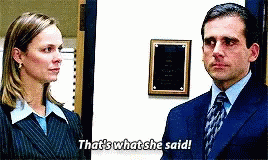 A Man And A Woman Are Standing Next To Each Other And The Man Is Saying That 'S What She Said . GIF