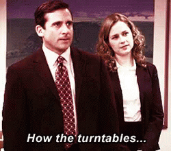 A Man And A Woman Are Standing Next To Each Other And The Man Says How The Turntables ... GIF