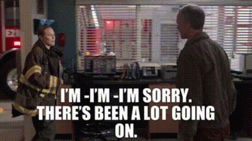 A Man And A Woman Are Standing Next To Each Other And The Man Says I 'M - I 'M Sorry GIF