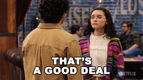 A Man And A Woman Are Standing Next To Each Other And The Man Says That 'S A Good Deal GIF