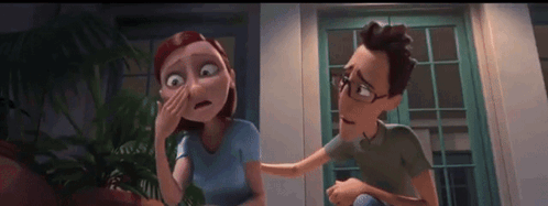 A Man And A Woman Are Standing Next To Each Other And The Woman Is Covering Her Face . GIF