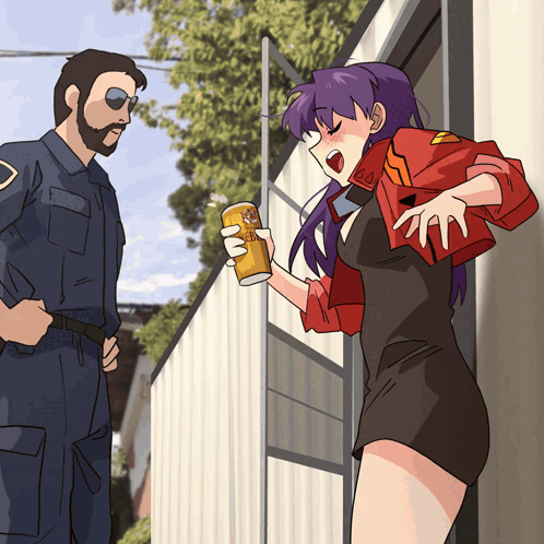 A Man And A Woman Are Standing Next To Each Other And The Woman Is Holding A Can That Says ' Ao ' GIF