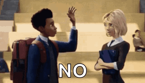 A Man And A Woman Are Standing Next To Each Other In A Classroom . The Man Is Waving At The Woman . GIF