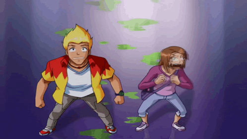 A Man And A Woman Are Standing Next To Each Other In A Dark Room GIF