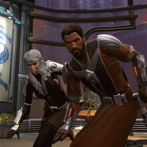 A Man And A Woman Are Standing Next To Each Other In A Futuristic Setting GIF