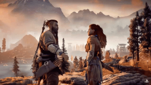 A Man And A Woman Are Standing Next To Each Other In A Game GIF