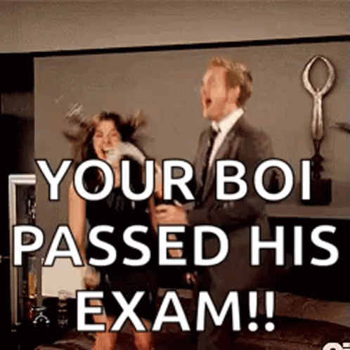 A Man And A Woman Are Standing Next To Each Other In A Living Room With The Words `` Your Boi Passed His Exam ! '' GIF