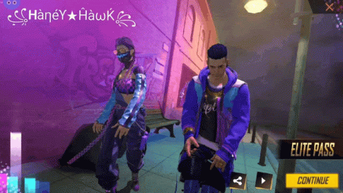 A Man And A Woman Are Standing Next To Each Other In A Video Game With Elite Pass In The Corner GIF