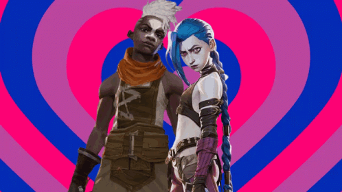 A Man And A Woman Are Standing Next To Each Other In Front Of A Pink Heart . GIF
