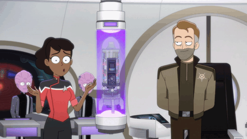A Man And A Woman Are Standing Next To Each Other In Front Of A Purple Container That Says ' X ' GIF