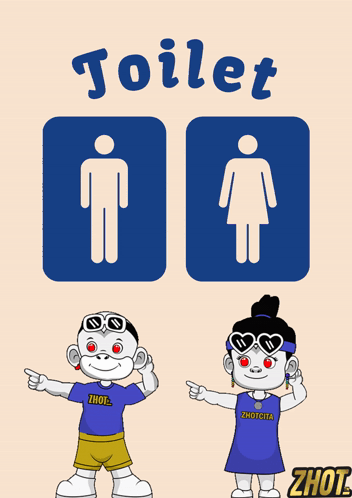 A Man And A Woman Are Standing Next To Each Other In Front Of A Sign That Says Toilet GIF
