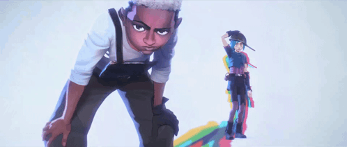 A Man And A Woman Are Standing Next To Each Other In Front Of A White Background . GIF