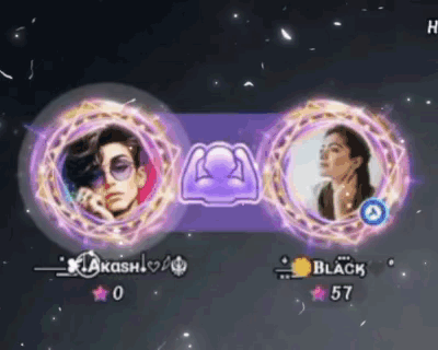A Man And A Woman Are Standing Next To Each Other In Purple Circles . GIF