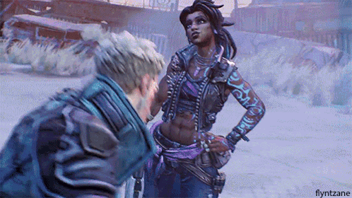 A Man And A Woman Are Standing Next To Each Other In The Snow In A Video Game . GIF