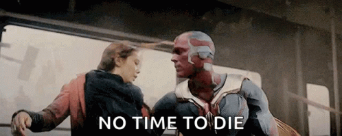 A Man And A Woman Are Standing Next To Each Other On A Bus With The Words `` No Time To Die '' Written Above Them . GIF