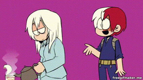 A Man And A Woman Are Standing Next To Each Other On A Purple Background . GIF