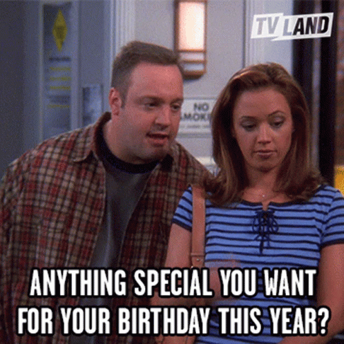 A Man And A Woman Are Standing Next To Each Other With A Caption That Says Anything Special You Want For Your Birthday T GIF