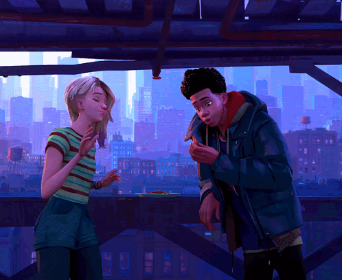 A Man And A Woman Are Standing Next To Each Other With A City Skyline In The Background GIF