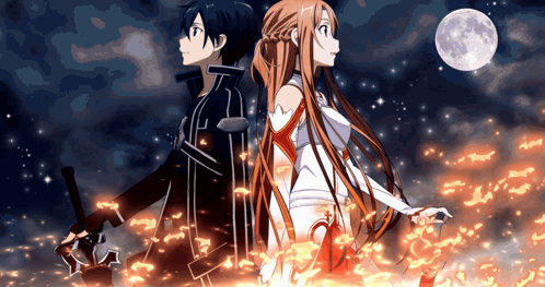 A Man And A Woman Are Standing Next To Each Other With A Full Moon In The Background GIF