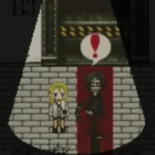 a man and a woman are standing next to each other with an exclamation point in the middle