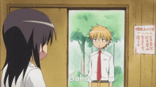 A Man And A Woman Are Standing Next To Each Other With Baka Written On The Bottom GIF