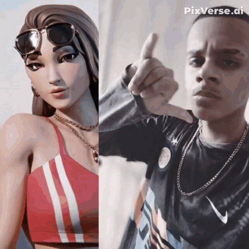 A Man And A Woman Are Standing Next To Each Other With Pixverse.ai Written On The Bottom GIF