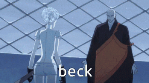 A Man And A Woman Are Standing Next To Each Other With The Word Beck On The Bottom GIF