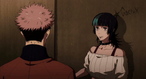 A Man And A Woman Are Standing Next To Each Other With The Word Gacha On The Wall Behind Them GIF