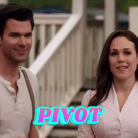 A Man And A Woman Are Standing Next To Each Other With The Word Pivot On The Bottom Right GIF