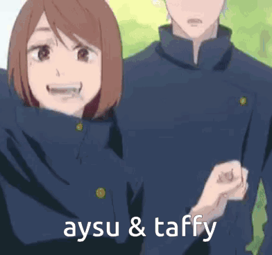 A Man And A Woman Are Standing Next To Each Other With The Words Aysu & Taffy Above Them . GIF