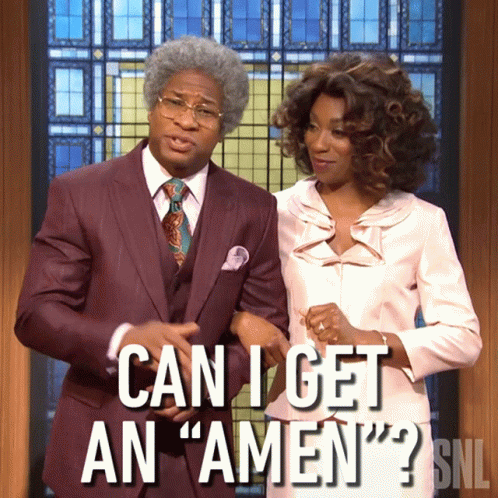 A Man And A Woman Are Standing Next To Each Other With The Words Can I Get An Amen GIF