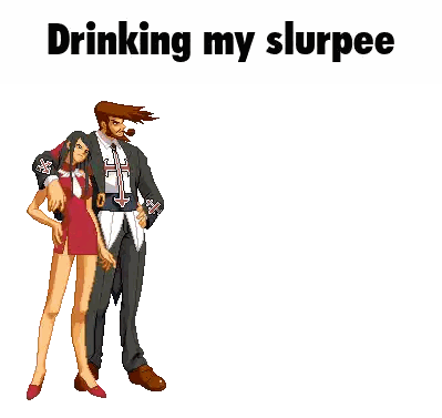 a man and a woman are standing next to each other with the words drinking my slurpee below them