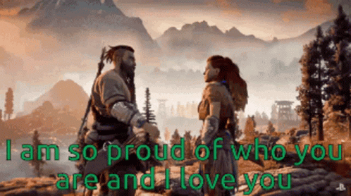 A Man And A Woman Are Standing Next To Each Other With The Words I Am So Proud Of Who You Are GIF