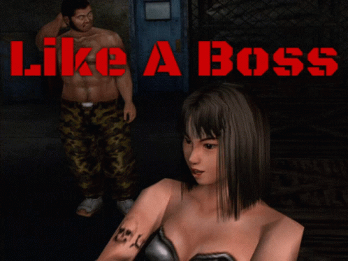 A Man And A Woman Are Standing Next To Each Other With The Words Like A Boss Behind Them GIF