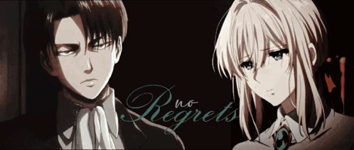 A Man And A Woman Are Standing Next To Each Other With The Words " No Regrets " Written Above Them GIF