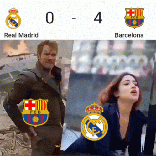 A Man And A Woman Are Standing Next To Each Other With The Words Real Madrid And Barcelona Above Them GIF